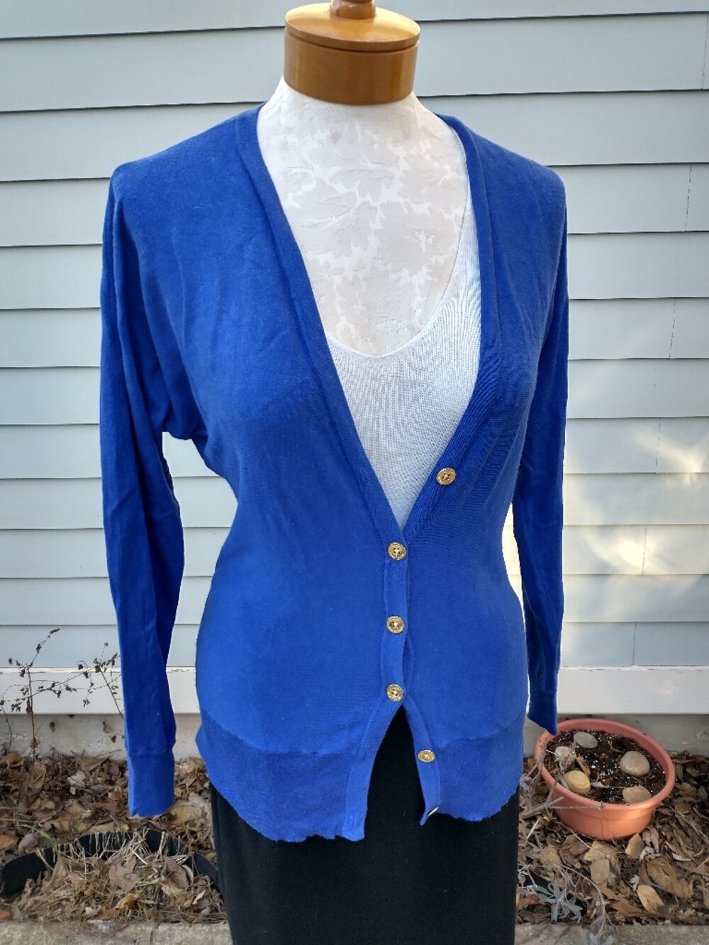Cardigan: silk blend, blue w/gold buttons. Size medium - by Ralph Lauren